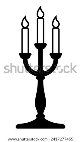 candle holder, black and white vector silhouette illustration of candlestick with three burning candles shape, isolated on white background