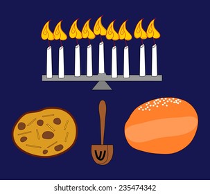 Candle holder with burning candles, potato pancake, donut and dreidel Hanukkah icons