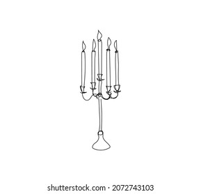 Candle holder and candles one line art. Continuous line drawing of new year holidays, christmas, traditional, candelabrum, illumination, lighting.