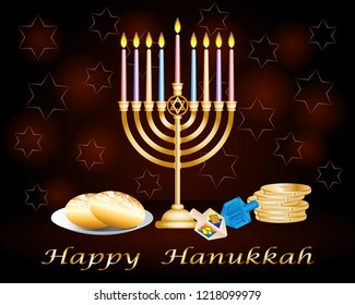  a candle holder "Hanukkiah"with nine burning candles, dreidel("sevivon")chocolate coins and jamfilled doughnuts(" sufganiyot")on a dark background with text "happy Hanukkah"