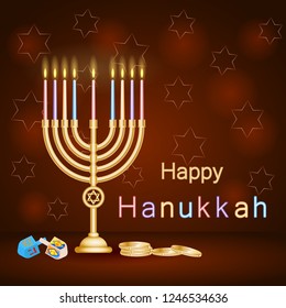  a candle holder ("Hanukkiah")with nine colorful burning candles, dreidel("sevivon") and chocolate coins on a dark background with text "Happy Hanukkah"
