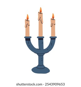 Kerzenhalter-Symbol mit drei Armen. Vektor isolierter Aufkleber, Clip Art. Dekoratives Candelabrum mit Wachskerzen. Zweigkerzenleuchter für religiöse Zeremonien oder Wohnkultur. Vintage dekorative Beleuchtung.