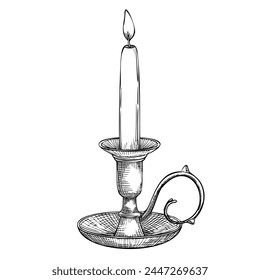 Candle Holder vector illustration. Vintage Candlestick. Old candleholder for painted by black inks in etching style. Drawing of antique lamp with candlelight for icon or logo. Vintage engraving.