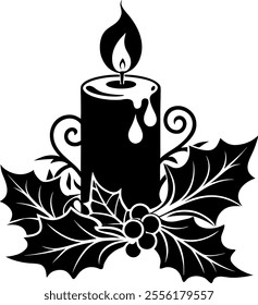 candle, candle with holly, clipart, Christmas, Silhouette