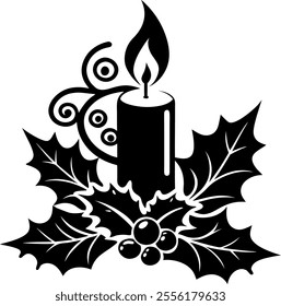 candle, candle with holly, clipart, Christmas, Silhouette