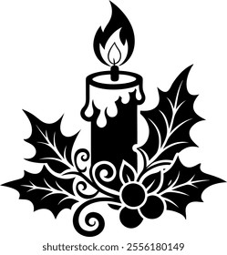 candle, candle with holly, clipart, Christmas, Silhouette