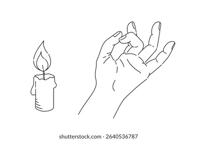 Candle and human hand meditation gesture minimalist line drawing set.