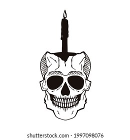 Candle in a human skull, engraving vector illustration. 