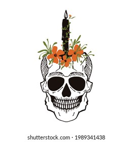 Candle in a human skull with flowers, engraving vector illustration. 
