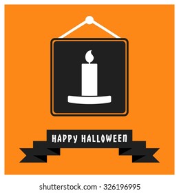 Candle icon. Black Happy Halloween Ribbon Banner on Orange background. Vector illustration