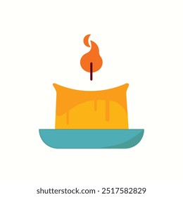 Candle icon. Colorful burning candle in blue candlestick for party, wedding, birthday, mourning, lighting, fragrance on a white background.