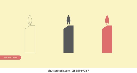 Candle Icon in Editable Stroke Outline, Filled, and Flat Color Styles - Isolated Vector Illustration