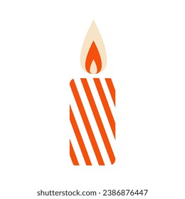 Candle icon in flat design. Christmas candle with swirl pattern. Birthday cake candle with burning flames isolated on white background. Vector design element