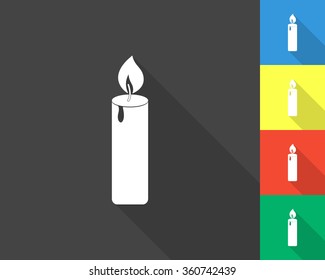 candle icon - gray and colored (blue, yellow, red, green) vector illustration with long shadow