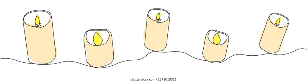 Candle icon line continuous drawing vector. One line Electric safe candle icon vector background. Set of burning candles icon. Continuous outline of Wax, paraffin candle.