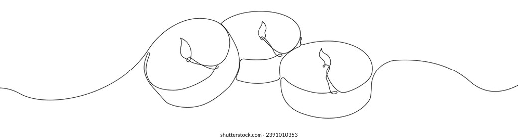 Candle icon line continuous drawing vector. One line Electric safe candle icon vector background. Set of burning candles icon. Continuous outline of Wax, paraffin candle.