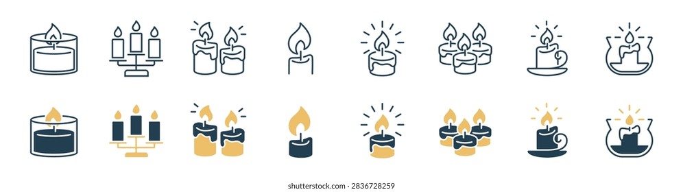 Candle icon line set featuring various burning wax candlelight for decorative aromatherapy glowing candle flame, celebration, relaxation, religious, spiritual symbol vector illustration