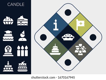 candle icon set. 13 filled candle icons. Included Cake, Birthday cake, Cemetery, Candles, Birthday, Christian, Wellness icons