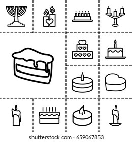 Candle icon. set of 13 outline candleicons such as cake with one candle, piece of cake, candle heart