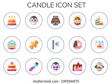 candle icon set. 15 flat candle icons.  Collection Of - birthday cake, dracula, voodoo, cake, christian, jesus, spa, candles, birthday, wedding cake, elixir, mummy