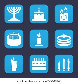 Candle icon. set of 9 filled candle icons such as cake