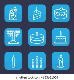 Candle icon. set of 9 outline candle icons such as heart lock, piece of cake, cake