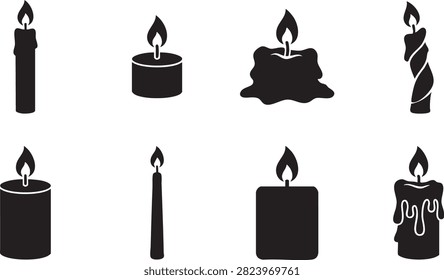 Candle icon set with black burning flame symbols for spa relaxation and wellness themes