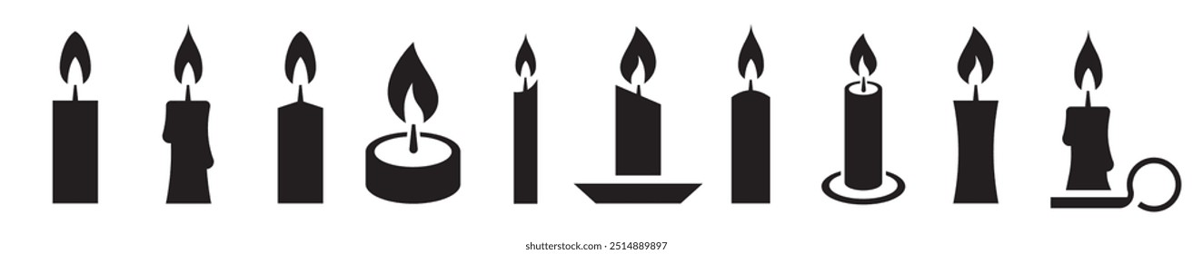 Candle icon set. Black candle silhouettes collections. Vector illustration