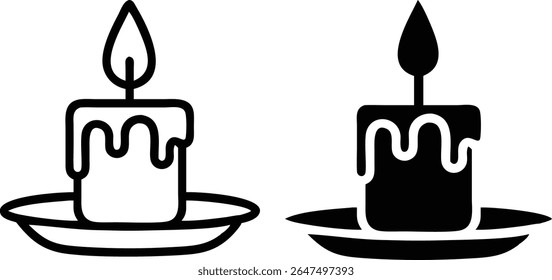 Candle Icon Set – Black and White Wax Flame Symbol Vector Illustration