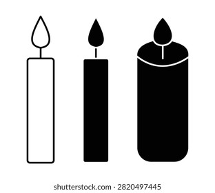 Candle Icon Set  Burning Wax Candles, Decorative Candlelight, Memorial, Prayer, Romantic Ambience, Outline  Silhouette Vector Collection