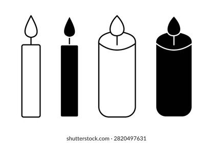 Candle Icon Set  Burning Wax Candles, Decorative Candlelight, Memorial, Prayer, Romantic Ambience, Outline  Silhouette Vector Collection