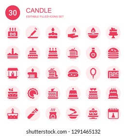 candle icon set. Collection of 30 filled candle icons included Birthday cake, Incense, Cake, Pyre, Oil lamp, Elixir, Well, Prayer, Dessert, Birthday