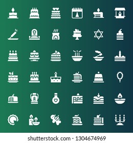 candle icon set. Collection of 36 filled candle icons included Candelabra, Cake, Voodoo, Candles, Oil lamp, Elixir, Prayer, Dessert, Incense, Birthday cake, Judaism, Cemetery