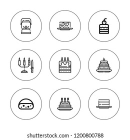 Candle icon set. collection of 9 outline candle icons with birthday cake, cake, oil lamp icons. editable icons.