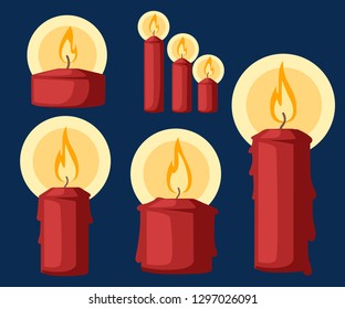 Candle icon set. Collection of Red Christmas candle, burning wax candle. Flat vector illustration on dark blue background.