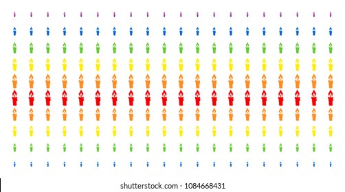 Candle icon spectrum halftone pattern. Vector objects arranged into halftone array with vertical spectral gradient. Designed for backgrounds, covers, templates and abstract concepts.