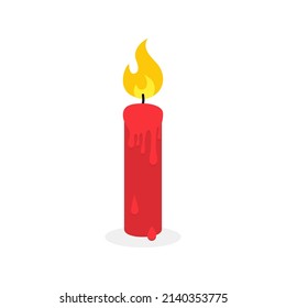 Candle icon. Wax candle with flame. Fire and light from candlelight. Red logo for memorial, christmas and church. Cartoon icon isolated on white background. Vector.
