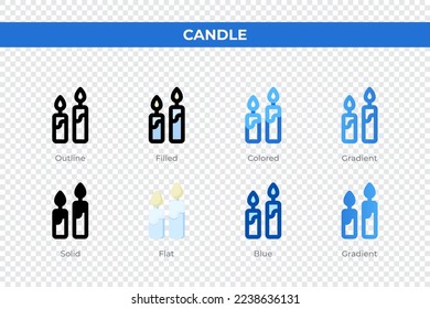 Candle icons in different style. Candle icons set. Holiday symbol. Different style icons set. Vector illustration