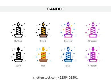 Candle icons in different style. Candle icons set. Holiday symbol. Different style icons set. Vector illustration