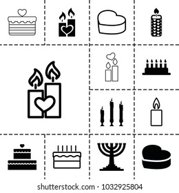 Candle icons. set of 13 editable filled and outline candle icons such as cake, heart cake, menorah