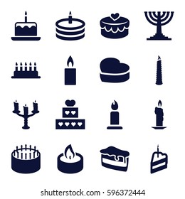 candle icons set. Set of 16 candle filled icons such as cake with one candle, cake, heart lock