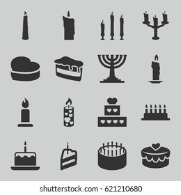 Candle icons set. set of 16 candle filled icons such as cake with one candle, cake, heart lock