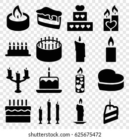 Candle icons set. set of 16 candle filled icons such as cake with one candle