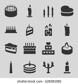 Candle icons set. set of 16 candle filled icons such as candle, cake, piece of cake