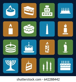 Candle icons set. set of 16 candle filled icons such as piece of cake, heart lock, cake