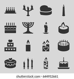 Candle icons set. set of 16 candle filled icons such as cake with one candle, cake, heart cake, heart lock