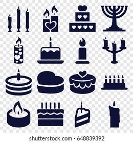 Candle icons set. set of 16 candle filled icons such as cake with one candle, heart cake, heart lock