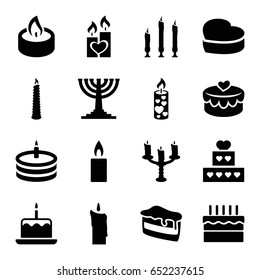 Candle icons set. set of 16 candle filled icons such as cake with one candle, piece of cake, heart lock