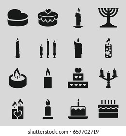 Candle icons set. set of 16 candle filled icons such as cake with one candle, heart cake, heart lock, cake