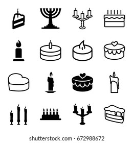 Candle icons set. set of 16 candle filled and outline icons such as candle, heart lock, piece of cake, candlestick, menorah, heart cake